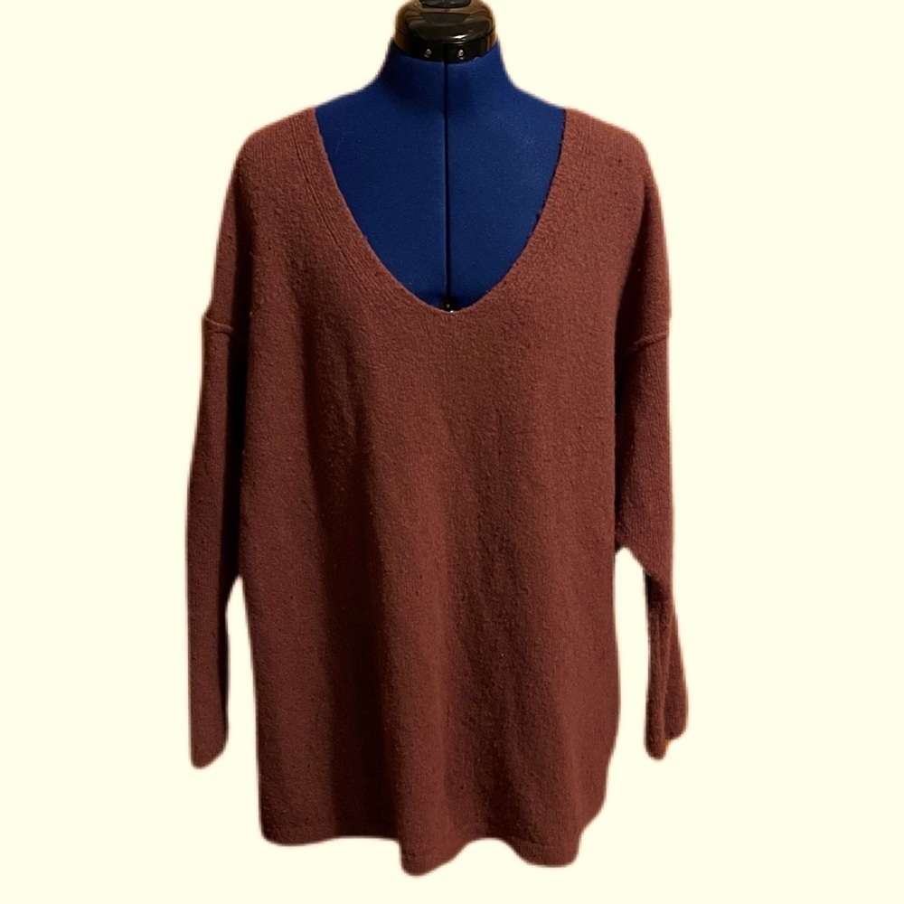 Free People V Neck Tunic Sweater Top Relaxed Fit Oversized Brown Pullover